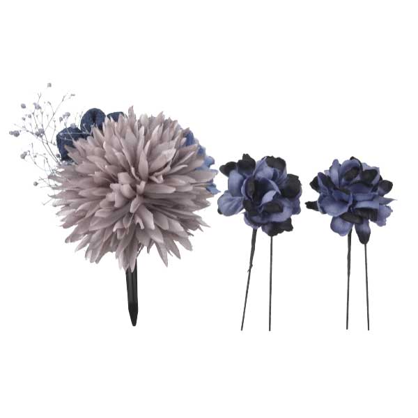 ダリアとちりめん小花の髪飾り 3点セット ブルー
