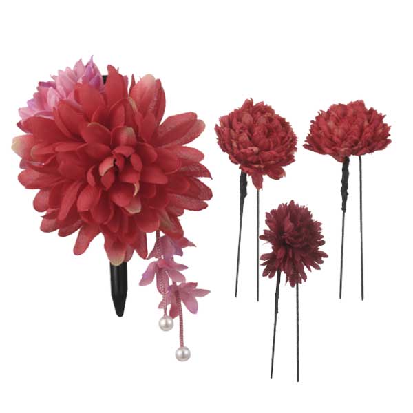 ダリアとポンポン菊の花飾り 下がり付 4点セット アカ