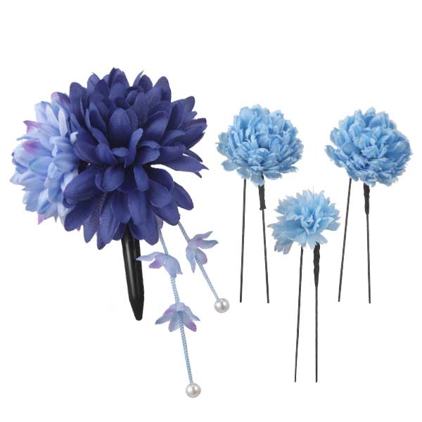 ダリアとポンポン菊の花飾り 下がり付 4点セット アオ