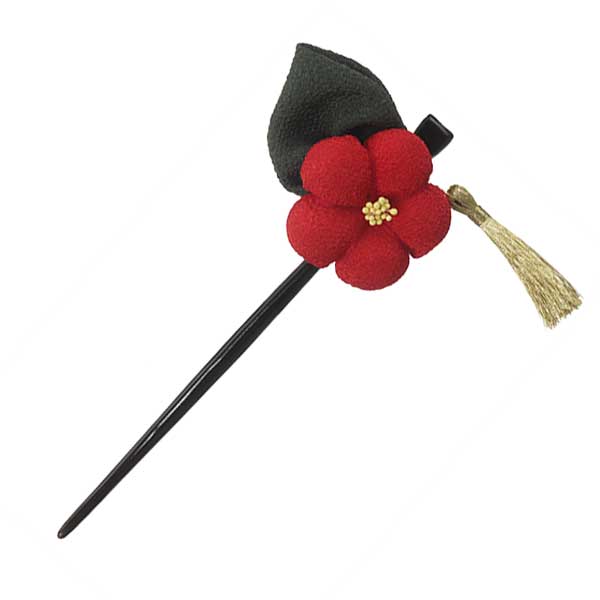 ちりめん椿のキュートかんざし タッセル付 赤