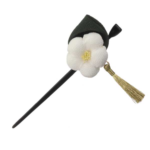 ちりめん椿のキュートかんざし タッセル付 白