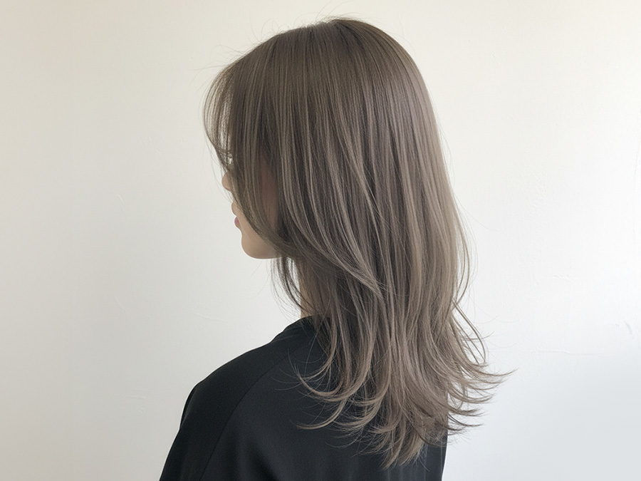 アッシュグレージュ / くすみグレージュの髪色の女性の斜め後ろ姿