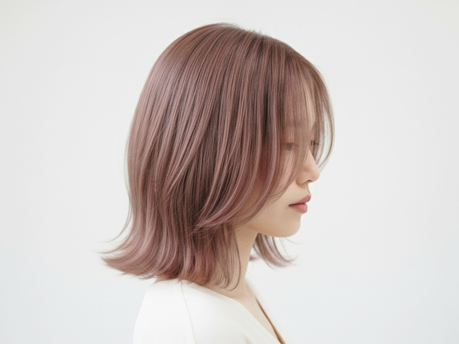 ピンクブラウン / ピンクアッシュの髪色の女性の横姿