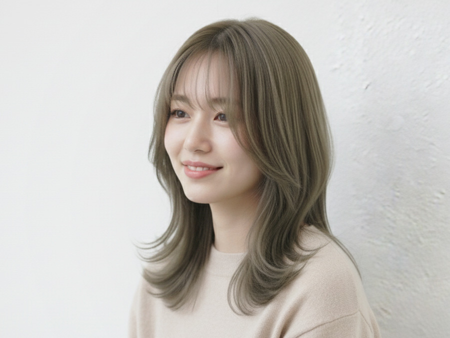 オリーブブラウン / オリーブアッシュの髪色の女性の姿