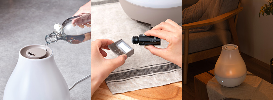 加湿器に水を注ぐ様子と、アロマを入れている様子と、加湿器が作動している様子